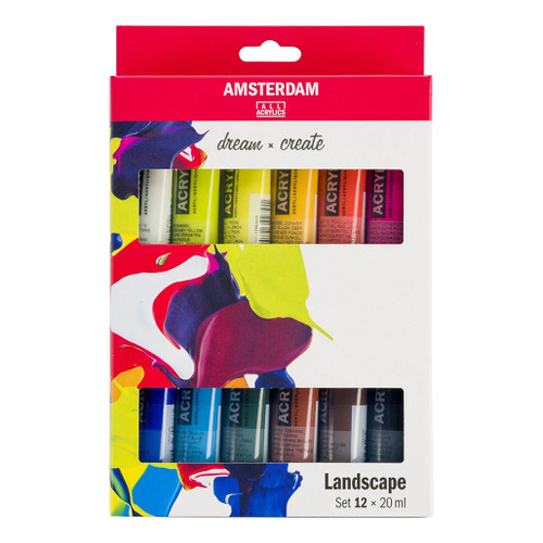 An image of an Amsterdam Standard Series 12-Color Landscape Acrylic Paint Set.