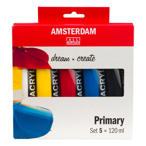 An image of an Amsterdam Standard Series 5-Color Primary Acrylic Paint Set.