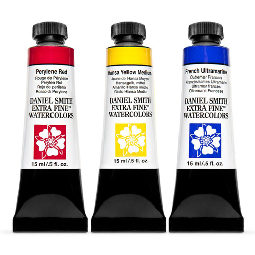 An image of three Daniel Smith Watercolor tubes.