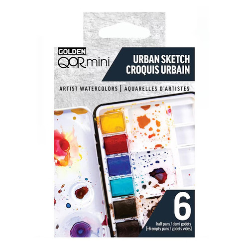 An image of a Golden QoR Watercolor 6-Color Urban Sketch Half Pan Set.