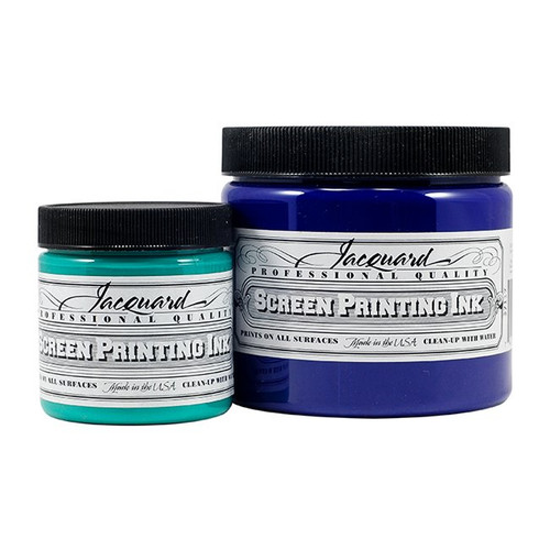 Jacquard Professional Screen Printing Inks are professional quality and permanent on most non-porous surfaces including: fabric, paper, plastic, vinyl, leather, metal and more. Jacquard Professional Screen Printing Inks are particularly well suited for commercial applications and will not wrinkle paper when screening art prints. These inks are archival and lightfast. Cleanup is easy with just soap and water. Fabrics must be heat set for permanence and wash-fastness. Once set, the inks are fully washable and dry-cleanable on all natural and synthetic fabrics. Jacquard's complete collection of screen inks is available in many colors, plus an extender. The color line includes semi-transparent inks, metallics inks, opaque inks, and a CMYK Process Color System.