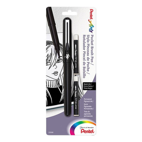 A carded image of a Pentel Pocket Brush With Refills, black.