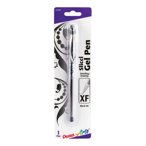 A carded image of a Pentel Slicci Extra Fine Gel Pen, black.