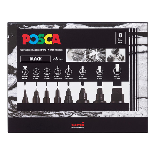 An image of a Posca Assorted Size Paint Marker Set, Black, Set Of 8. 