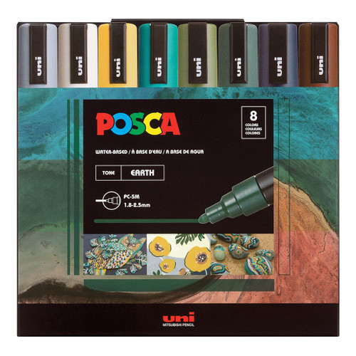 An image of a Posca PC-5M Medium Tip Paint Marker Set, Earth Tones, 8 Colors. 