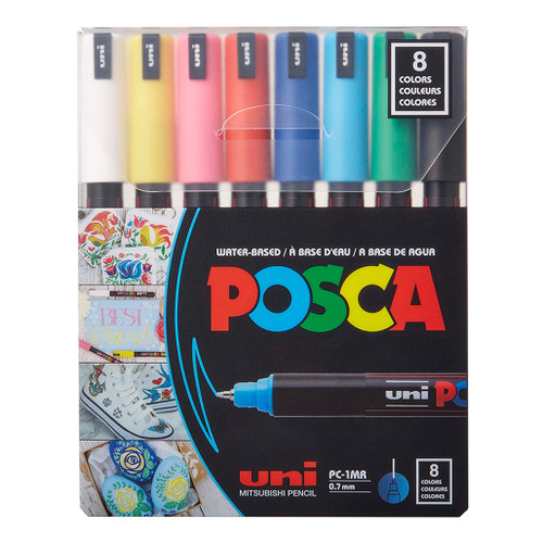 An image of a Posca PC-1MR Extra-Fine Tip Paint Marker Set, Basic Colors, 8 Colors.