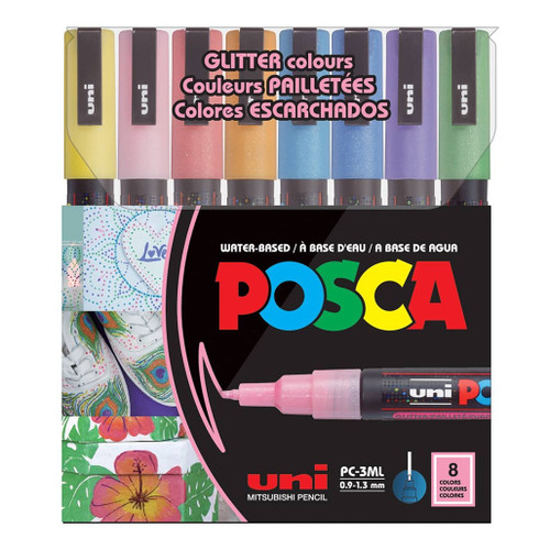 An image of a Posca PC-3M Fine Tip Paint Marker Set, Glitter Colors, 8 Colors. 