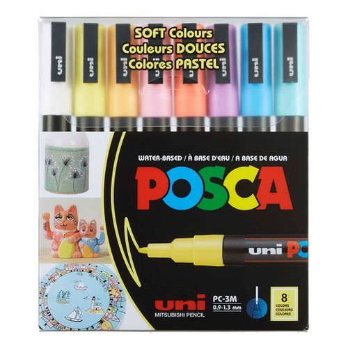 An image of a Posca PC-3M Fine Tip Paint Marker Set, Soft Colors, 8 Colors. 