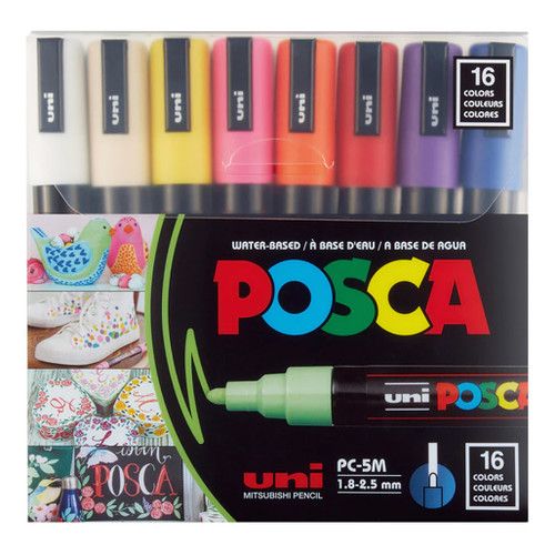 An image of a Posca PC-5M Medium Tip Paint Marker Set, Basic Colors, 16 Colors.