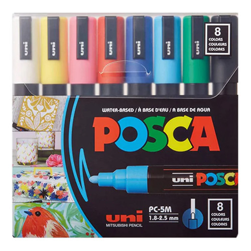 An image of a Posca PC-5M Medium Tip Paint Marker Set, Basic Colors, 8 Colors.