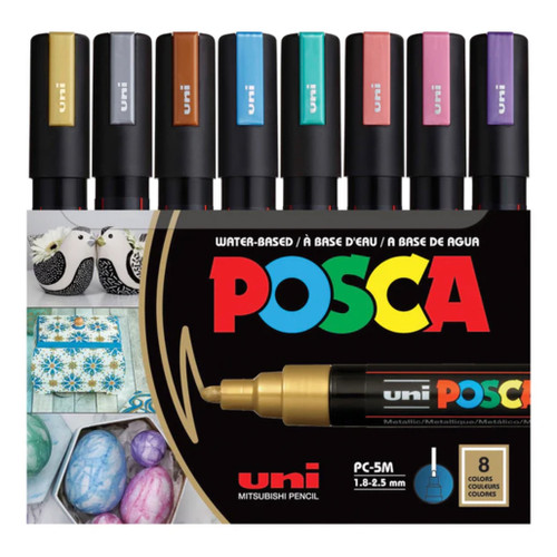 An image of a Posca PC-5M Medium Tip Paint Marker Set, Metallic Colors, 8 Colors.