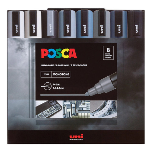 An image of a Posca PC-5M Medium Tip Paint Marker Set, Monotone Colors, 8 Colors.