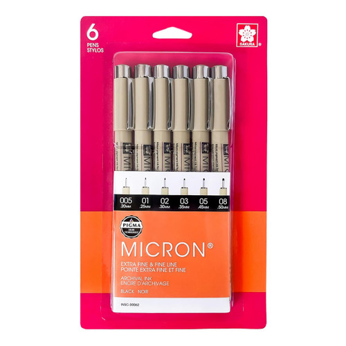 An image of a Sakura Pigma Micron Set, 6 Assorted Size Black Pens.