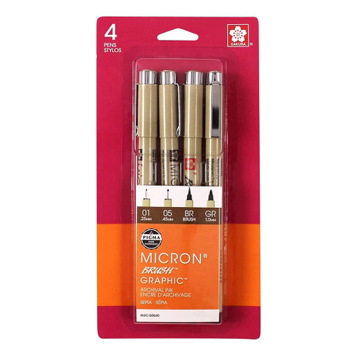 An image of a Sakura Pigma Set, 4 Assorted Size Sepia Pens.