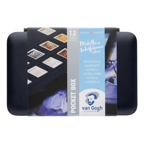 An image of Van Gogh Watercolor Half Pan Pocket Box Set, Metallic & Interference Colors, 12 Colors.