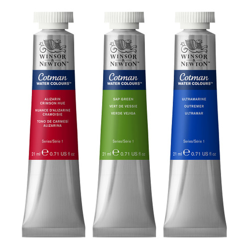 An image of three Winsor & Newton Cotman Watercolor tubes.