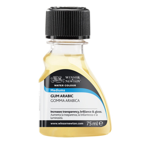 Winsor & Newton Gum Arabic is to watercolors what linseed oil is to oil paints. Most watercolors use Gum Arabic as part of the binder for the color. Adding Gum Arabic to a tubed watercolor will increase the transparency and add slight glossiness to the color. Gum Arabic solution is thickened to closely emulate the consistency of the paint from the tube.